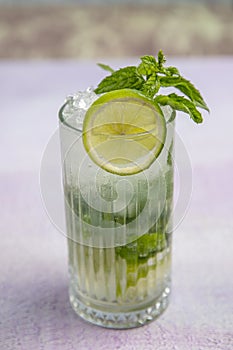 Mojito cocktail alcohol bar long drink traditional Cuba fresh tropical beverage top view copy space two highball glass, with rum,