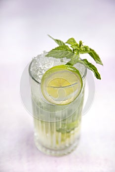 Mojito cocktail alcohol bar long drink traditional Cuba fresh tropical beverage top view copy space two highball glass, with rum,