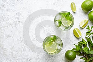 Mojito cocktail alcohol bar long drink traditional fresh tropical beverage top view copy space two highball glass