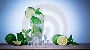 Mojito cocktail with fresh lime, mint leaves and ice cubes in a transparent glass