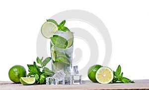 Mojito cocktail with fresh lime, mint leaves and ice cubes in a transparent glass