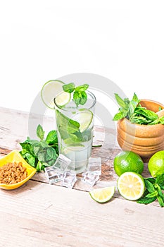 Mojito cocktail with fresh lime, mint leaves and ice. Refreshing alcohol drink.