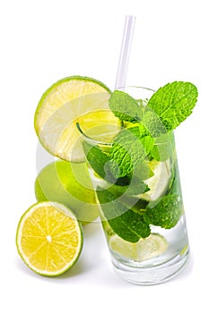 Mojito cocktail with fresh mint isolated on white