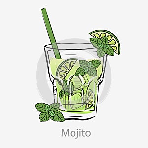 Mojito cocktail. Green cocktail slice lime straw ice cube mint leaf.