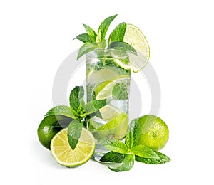 Mojito cocktail with ice isolated over white background. Fresh mohito drink with lime and mint