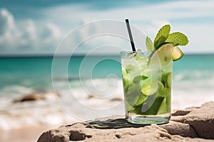 Mojito cocktail with ice, rum, lime and mint in a glass