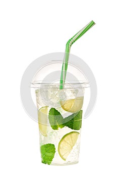 Mojito cocktail isolated in plastic cup on white background