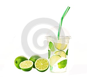 Mojito cocktail isolated in plastic cup on white background