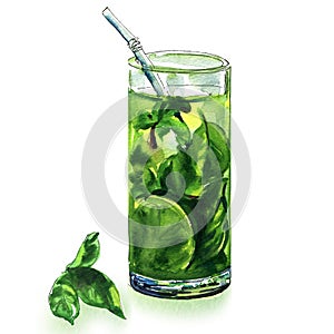 Mojito cocktail with lime and green mint in glass or iced tea isolated, hand drawn watercolor illustration on white