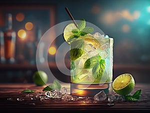 Mojito Cocktail with lime and mint on Bartop . AI generated Illustration