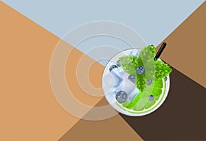 Mojito cocktail with lime, mint, blueberry and ice with hard shadow, top view. Cold alcoholic or non-alcoholic long drink. Vector