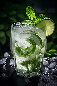 Mojito cocktail with lime and mint in glass on a black table over dark background. Cool refreshment drink close-up. Summer