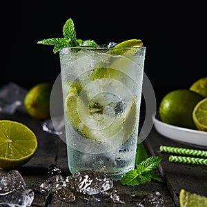 Mojito cocktail with lime and mint in highball glass with ice.