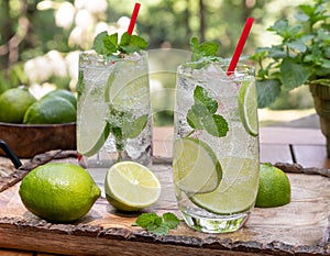 Mojito cocktail with lime and mint leaves