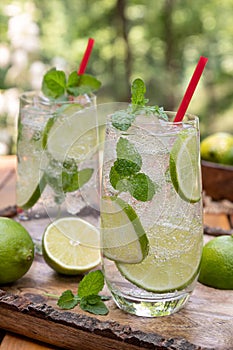 Mojito cocktail with lime and mint leaves