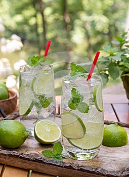 Mojito cocktail with lime and mint leaves