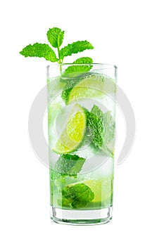 Mojito Cocktail with Limes and Mint Isolated on White Background