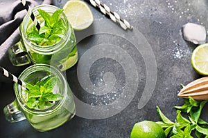 Mojito cocktail in mason jar on black. Close up. Copy space