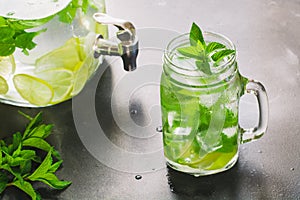 Mojito cocktail in mason jar with on black stone table. Copy space for text.