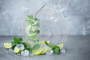 mojito cocktail with mint, lime and ice in a tall glass