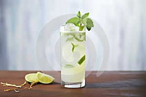 mojito cocktail with muddled mint leaves and lime