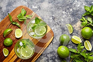 Mojito cocktail non alcohol bar drink top view copy space two highball glass on wooden cutting board