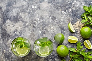 Mojito cocktail non alcohol bar refreshment drink top view copy space two highball glass, summer tropical vacation