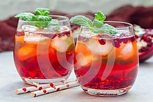 Mojito cocktail with pomegranate, mint, lemon juice and ice, horizontal