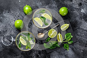 Mojito cocktail, Refreshing mint with rum and lime, cold drink or beverage. Black background. Top view