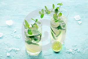 Mojito cocktail. Summer cold drink with lime, fresh mint, and ice. Cool beverage