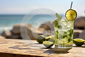 Mojito cocktail on table and sea background.