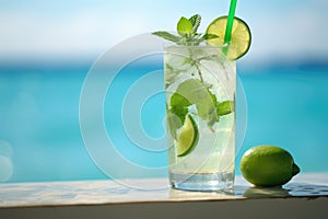 Mojito cocktail on table and sea background.