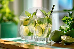 mojito cocktails in glasses with straws, Generative AI