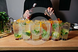 Mojito Cocktails Preparation on a Bar Counter