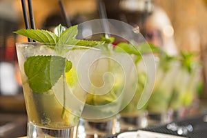 Mojito cocktails in a row on the bar ready to serve