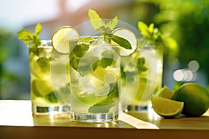 Mojito cocktails on the wooden table at sunny kitchen, Generative AI