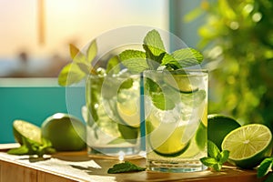 Mojito cocktails on the wooden table at sunny kitchen, Generative AI