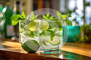 Mojito cocktails on the wooden table at sunny kitchen, Generative AI