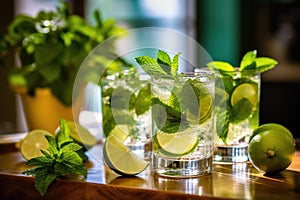 Mojito cocktails on the wooden table at sunny kitchen, Generative AI