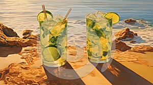 Mojito drinks on the beach. AI Generated