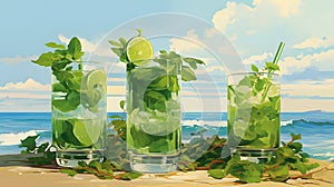 Mojito drinks on the beach. AI Generated