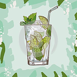 Mojito fresh Contemporary classic cocktail illustration. Alcoholic bar drink hand drawn vector. Pop art