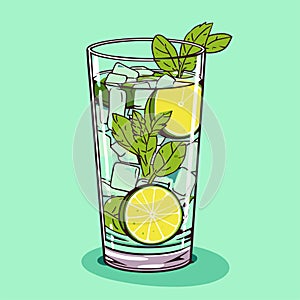 Mojito in a glass. Alcohol or non-alcoholic cocktail. Classic cocktail with lime, mint and ice. Vector