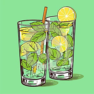 Mojito in a glass. Alcohol or non-alcoholic cocktail. Classic cocktail with lime, mint and ice. Vector