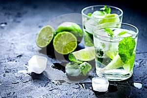 Mojito in glass on dark background close up