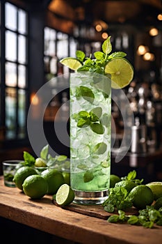 Mojito iced cocktail with lime and mint. Summer refreshing Mojito beverage, drink with ice on a bar counter, generative AI