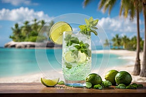 Mojito iced cocktail with lime and mint. Summer refreshing Mojito beverage, drink with ice, generative AI