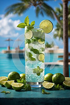 Mojito iced cocktail with lime and mint. Summer refreshing Mojito beverage, drink with ice, generative AI