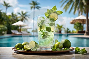 Mojito iced cocktail with lime and mint. Summer refreshing Mojito beverage, drink with ice, generative AI