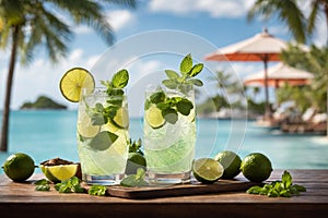 Mojito iced cocktail with lime and mint. Summer refreshing Mojito beverage, drink with ice, generative AI